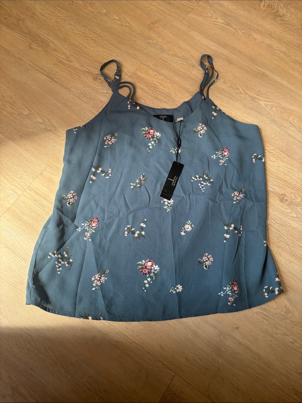 TAHARI Floral Spaghetti Strap Tank Top - Blue